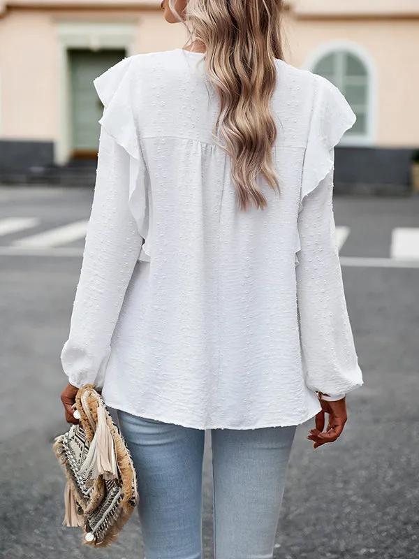 Hollow Jacquard Solid Color Split-Joint Loose Puff Sleeves Round-Neck T-Shirts