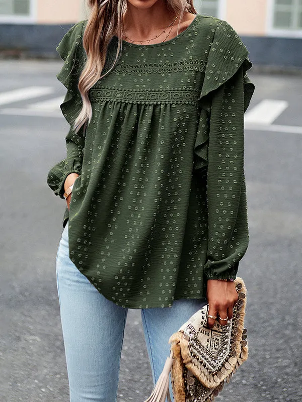 Hollow Jacquard Solid Color Split-Joint Loose Puff Sleeves Round-Neck T-Shirts