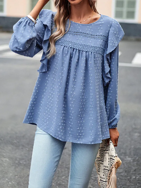 Hollow Jacquard Solid Color Split-Joint Loose Puff Sleeves Round-Neck T-Shirts