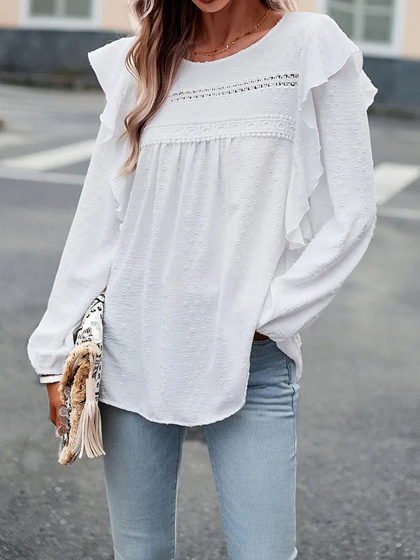 Hollow Jacquard Solid Color Split-Joint Loose Puff Sleeves Round-Neck T-Shirts