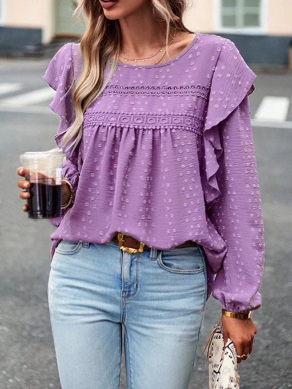 Hollow Jacquard Solid Color Split-Joint Loose Puff Sleeves Round-Neck T-Shirts
