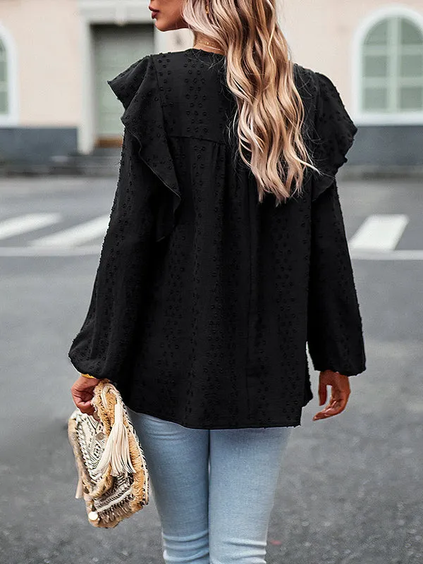 Hollow Jacquard Solid Color Split-Joint Loose Puff Sleeves Round-Neck T-Shirts