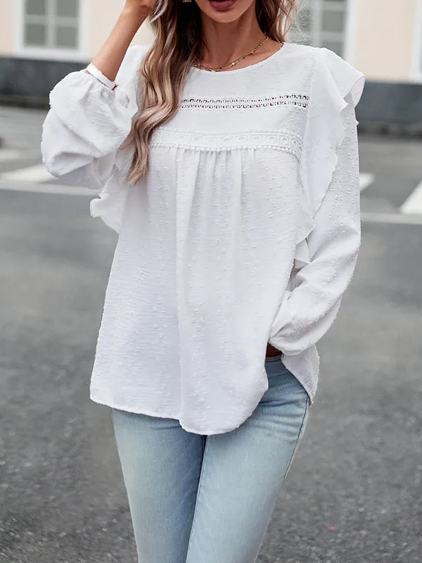 Hollow Jacquard Solid Color Split-Joint Loose Puff Sleeves Round-Neck T-Shirts