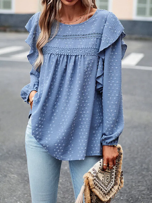 Hollow Jacquard Solid Color Split-Joint Loose Puff Sleeves Round-Neck T-Shirts