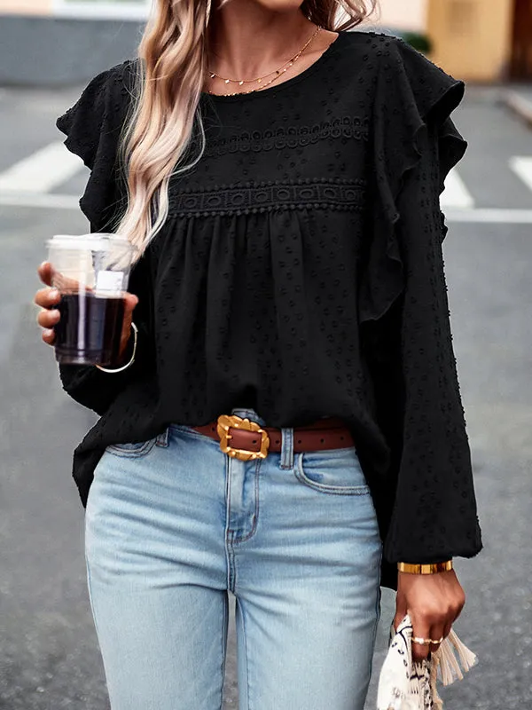 Hollow Jacquard Solid Color Split-Joint Loose Puff Sleeves Round-Neck T-Shirts