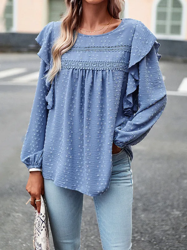Hollow Jacquard Solid Color Split-Joint Loose Puff Sleeves Round-Neck T-Shirts