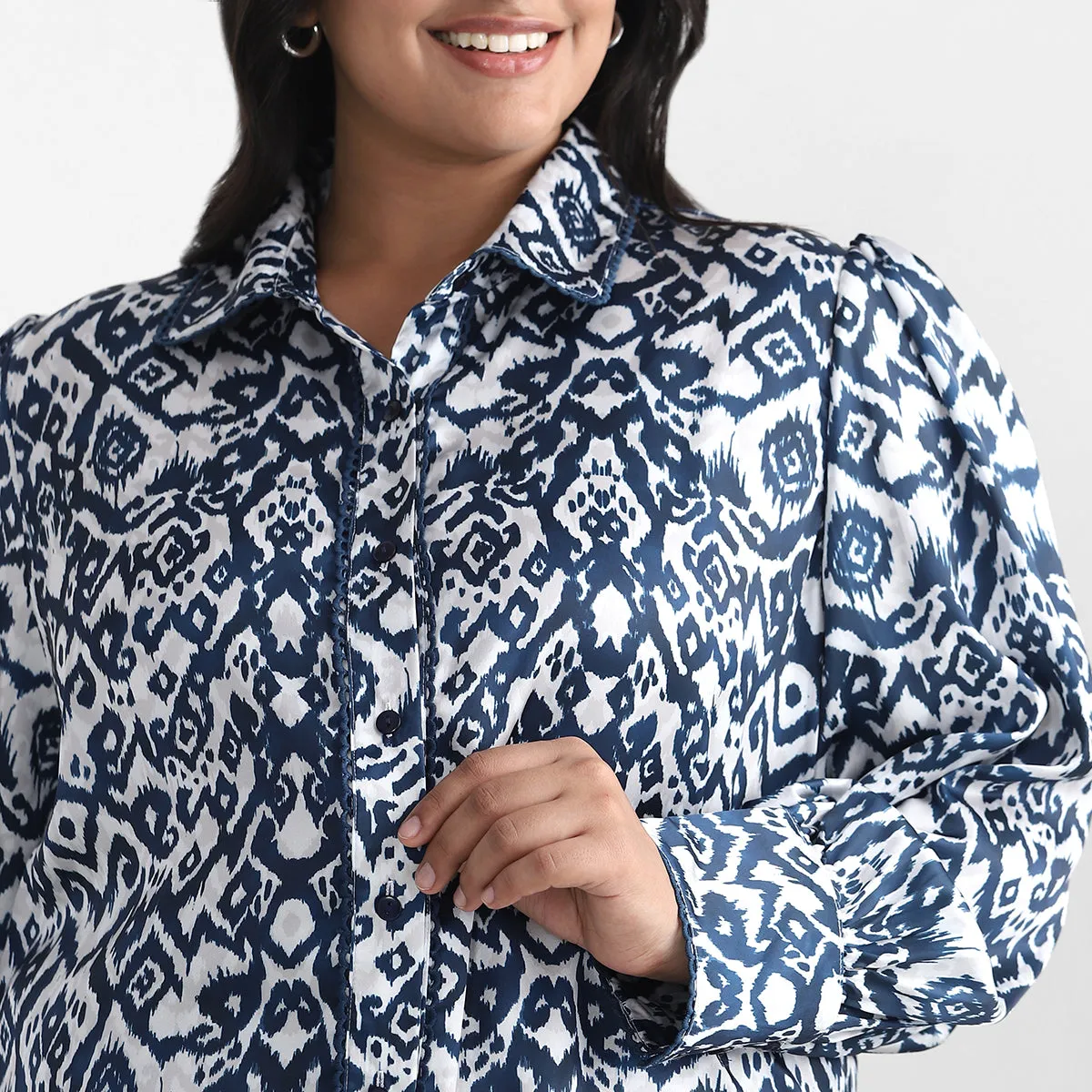 Ikat Print Satin Plus Size Shirt