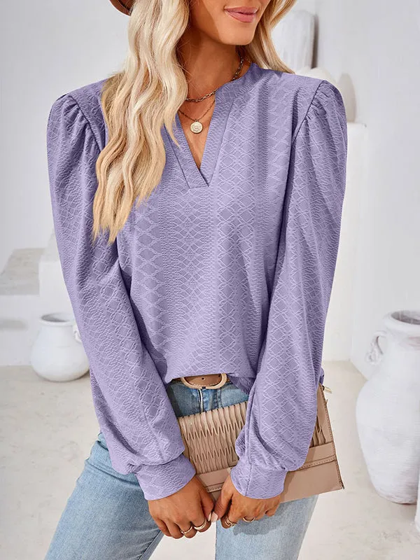 Jacquard Solid Color Long Sleeves Loose V-neck T-Shirts Tops
