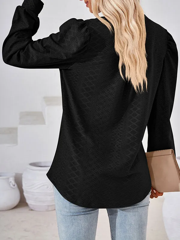 Jacquard Solid Color Long Sleeves Loose V-neck T-Shirts Tops