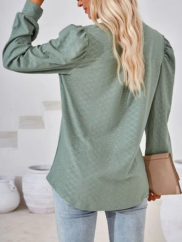 Jacquard Solid Color Long Sleeves Loose V-neck T-Shirts Tops