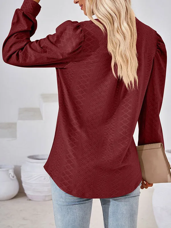 Jacquard Solid Color Long Sleeves Loose V-neck T-Shirts Tops