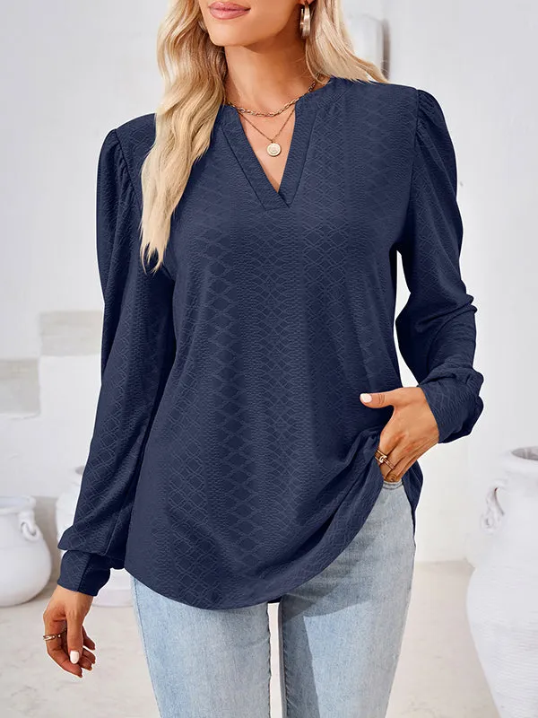 Jacquard Solid Color Long Sleeves Loose V-neck T-Shirts Tops