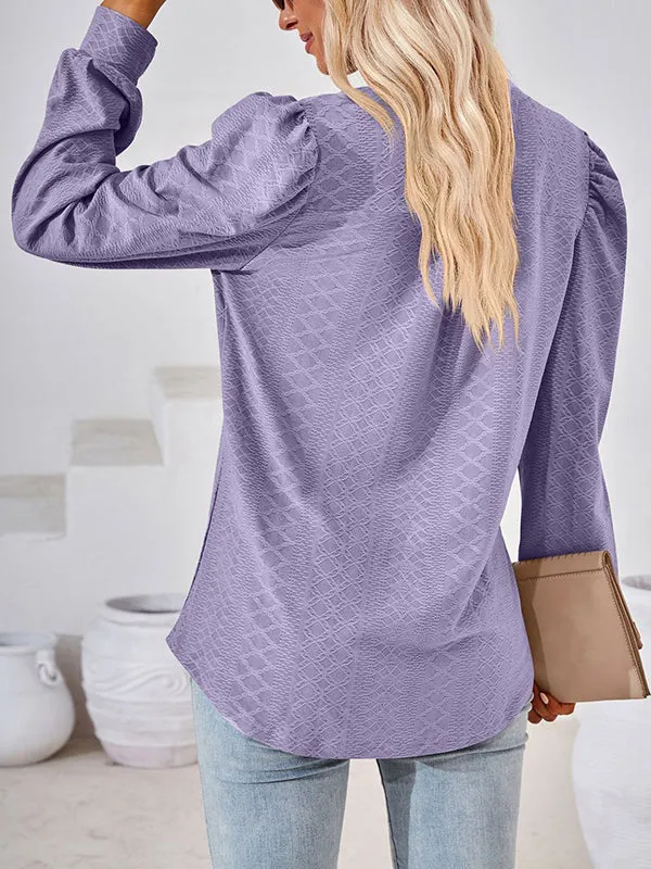 Jacquard Solid Color Long Sleeves Loose V-neck T-Shirts Tops