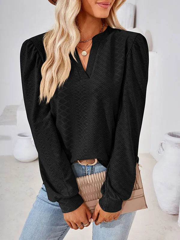 Jacquard Solid Color Long Sleeves Loose V-neck T-Shirts Tops