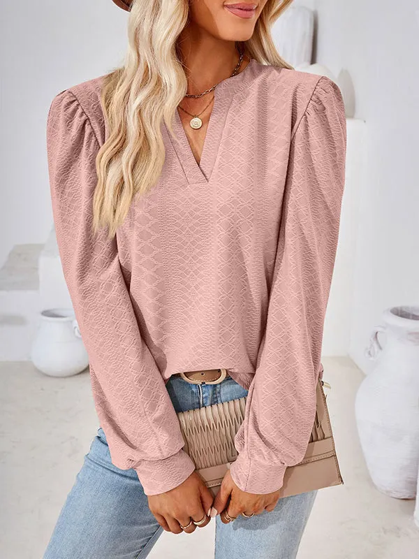 Jacquard Solid Color Long Sleeves Loose V-neck T-Shirts Tops