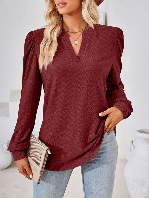 Jacquard Solid Color Long Sleeves Loose V-neck T-Shirts Tops