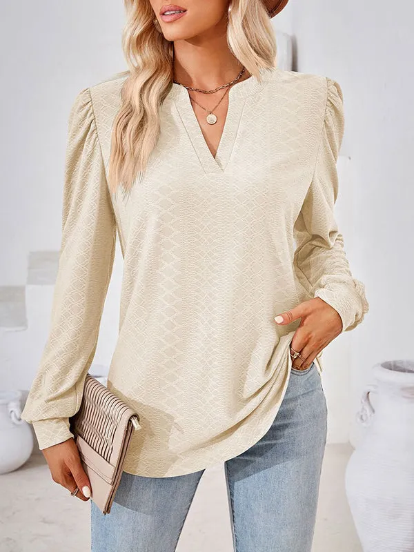 Jacquard Solid Color Long Sleeves Loose V-neck T-Shirts Tops