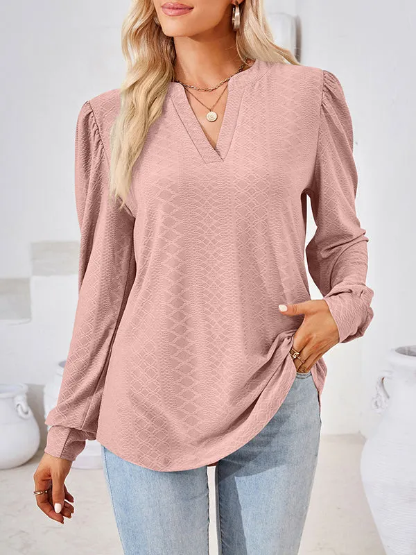 Jacquard Solid Color Long Sleeves Loose V-neck T-Shirts Tops