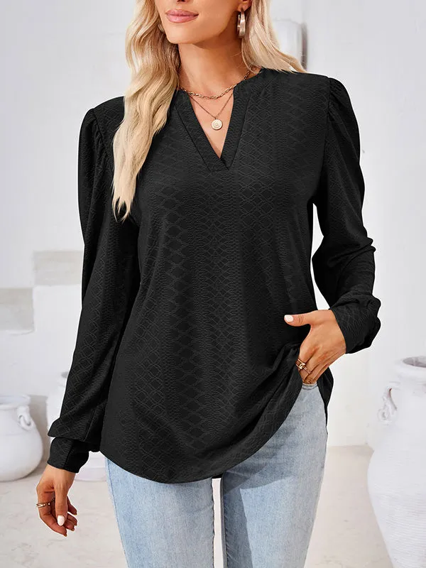 Jacquard Solid Color Long Sleeves Loose V-neck T-Shirts Tops