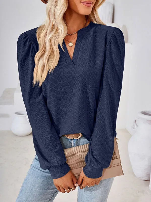 Jacquard Solid Color Long Sleeves Loose V-neck T-Shirts Tops