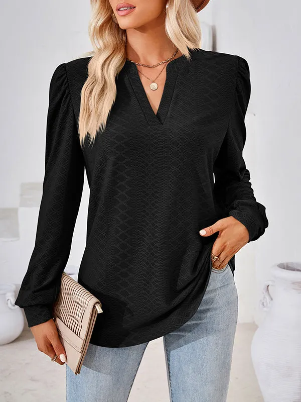 Jacquard Solid Color Long Sleeves Loose V-neck T-Shirts Tops