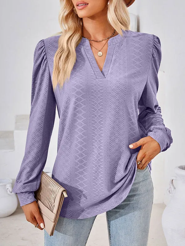 Jacquard Solid Color Long Sleeves Loose V-neck T-Shirts Tops