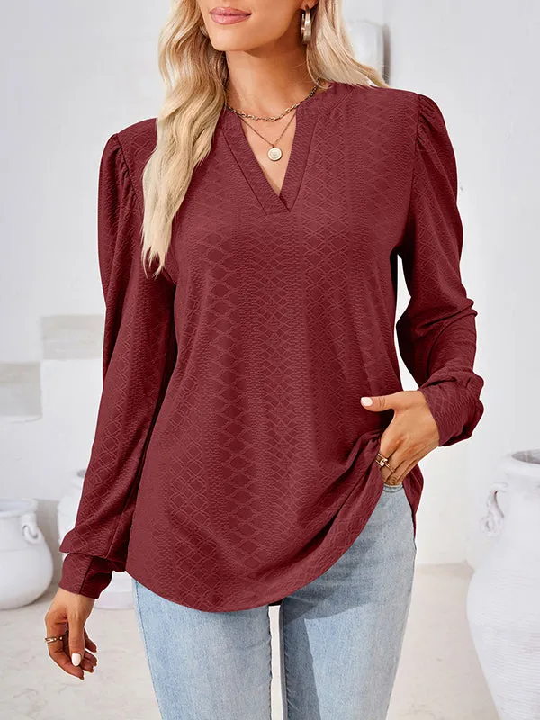 Jacquard Solid Color Long Sleeves Loose V-neck T-Shirts Tops