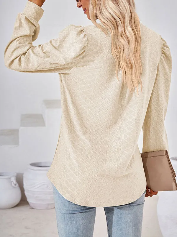 Jacquard Solid Color Long Sleeves Loose V-neck T-Shirts Tops