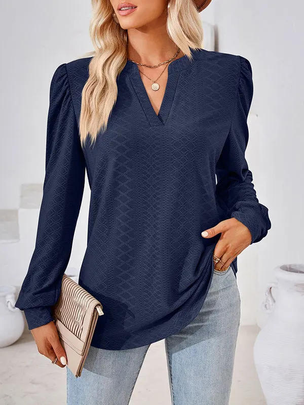 Jacquard Solid Color Long Sleeves Loose V-neck T-Shirts Tops