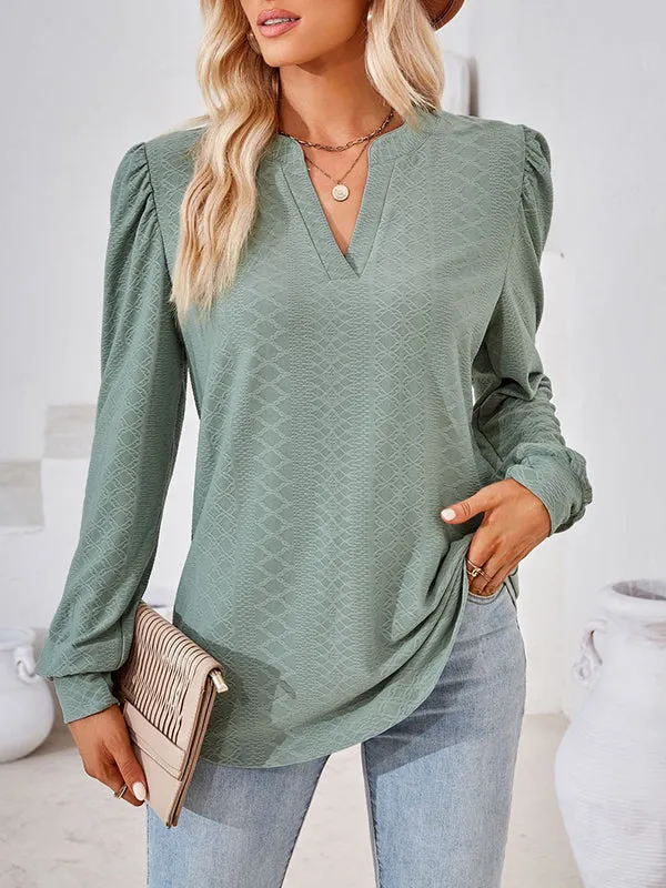 Jacquard Solid Color Long Sleeves Loose V-neck T-Shirts Tops