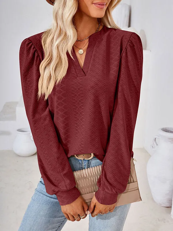 Jacquard Solid Color Long Sleeves Loose V-neck T-Shirts Tops