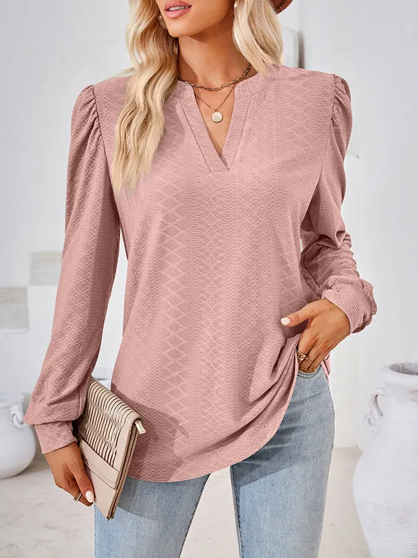 Jacquard Solid Color Long Sleeves Loose V-neck T-Shirts Tops