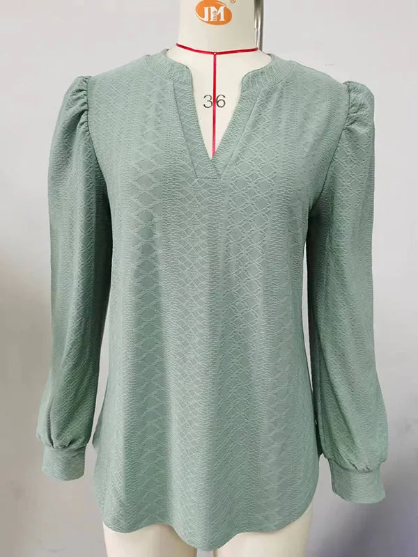 Jacquard Solid Color Long Sleeves Loose V-neck T-Shirts Tops