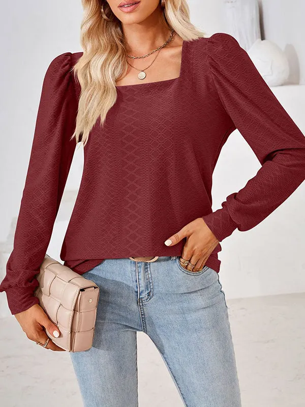 Jacquard Solid Color Loose Square-neck T-Shirts Tops