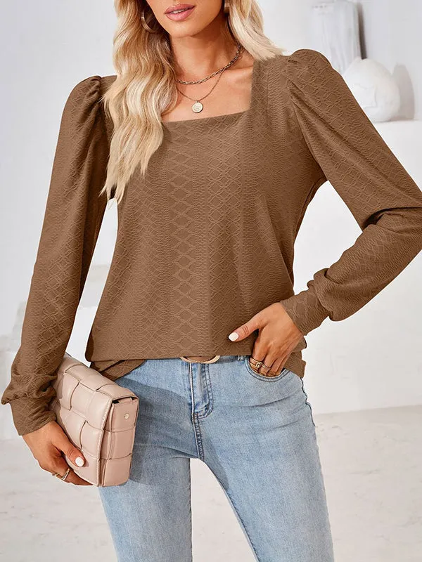 Jacquard Solid Color Loose Square-neck T-Shirts Tops