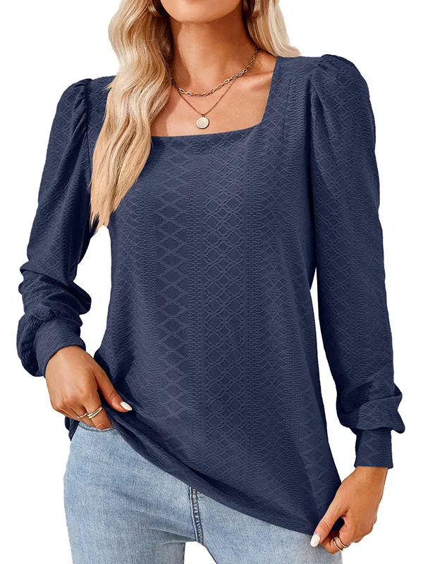 Jacquard Solid Color Loose Square-neck T-Shirts Tops