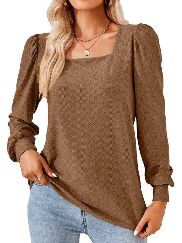 Jacquard Solid Color Loose Square-neck T-Shirts Tops