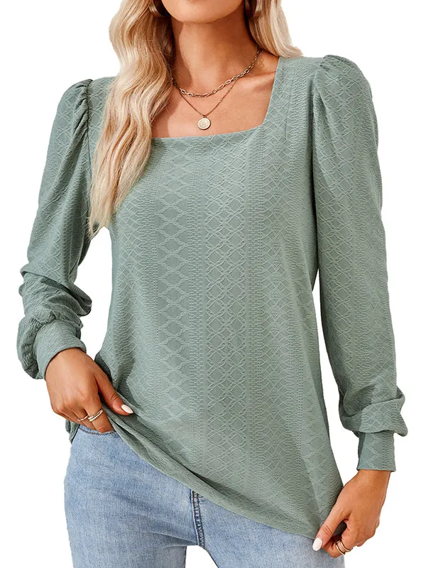 Jacquard Solid Color Loose Square-neck T-Shirts Tops