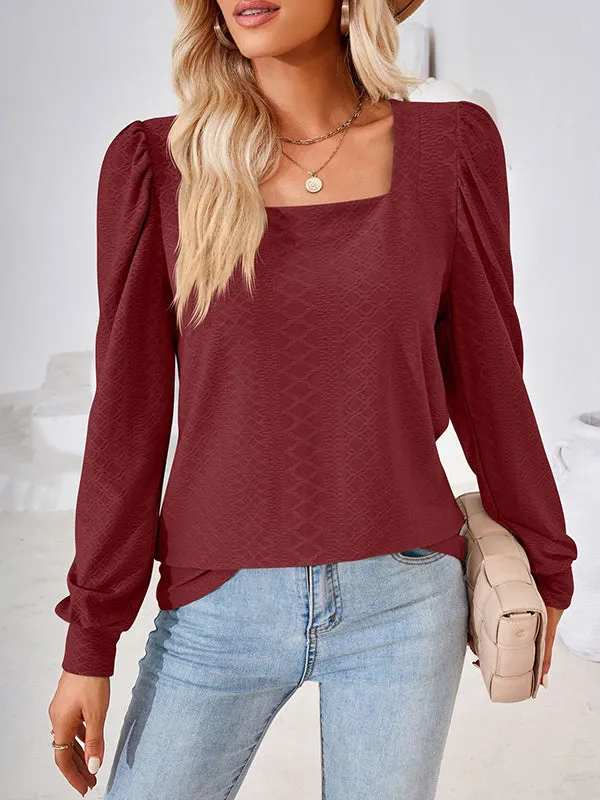 Jacquard Solid Color Loose Square-neck T-Shirts Tops