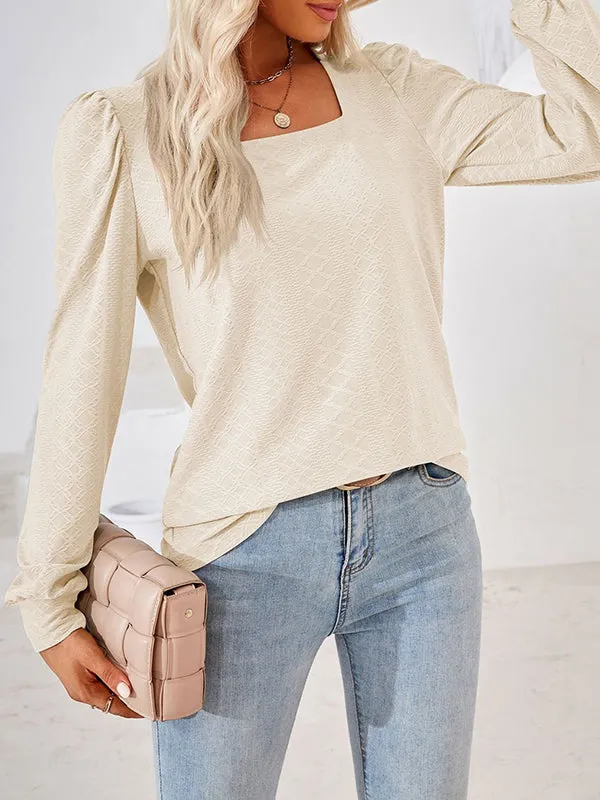 Jacquard Solid Color Loose Square-neck T-Shirts Tops