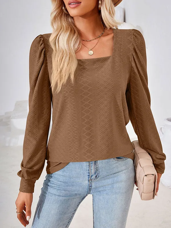 Jacquard Solid Color Loose Square-neck T-Shirts Tops