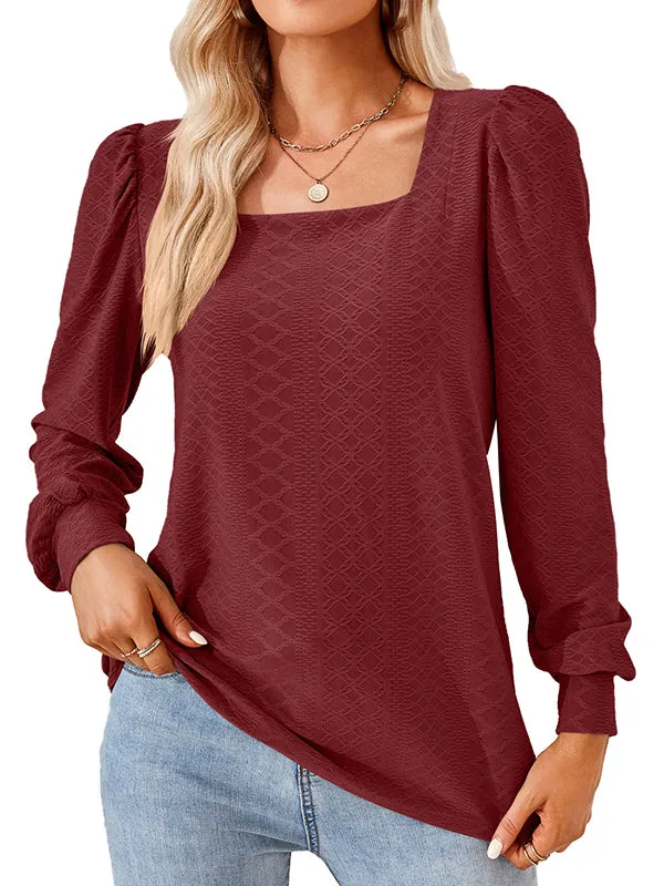 Jacquard Solid Color Loose Square-neck T-Shirts Tops