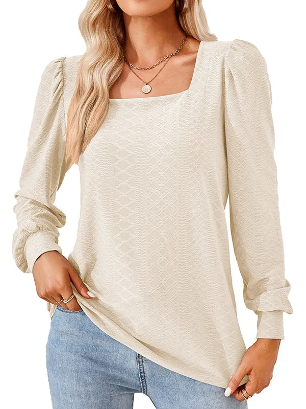 Jacquard Solid Color Loose Square-neck T-Shirts Tops