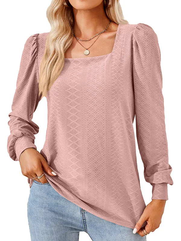 Jacquard Solid Color Loose Square-neck T-Shirts Tops