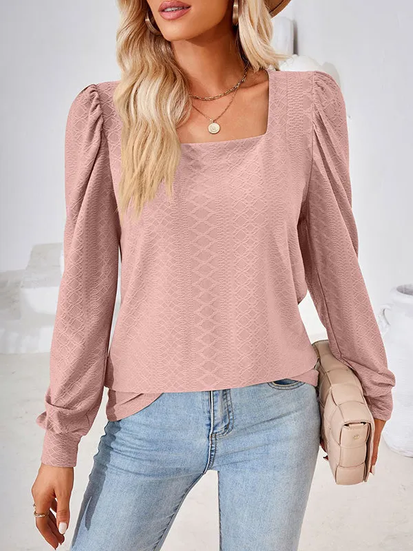 Jacquard Solid Color Loose Square-neck T-Shirts Tops