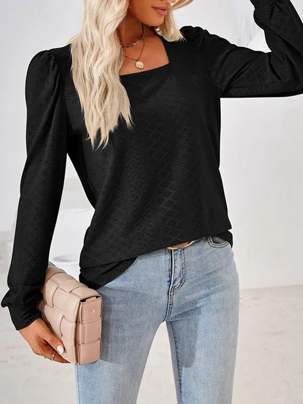 Jacquard Solid Color Loose Square-neck T-Shirts Tops