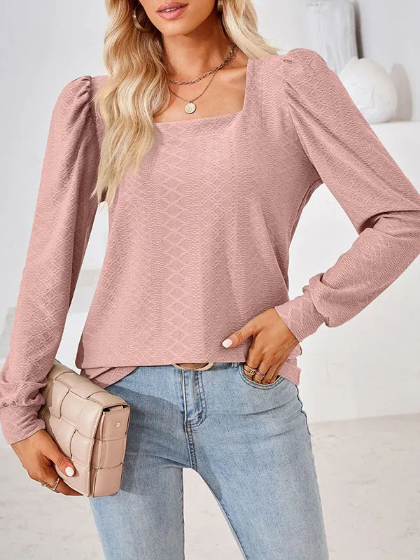 Jacquard Solid Color Loose Square-neck T-Shirts Tops
