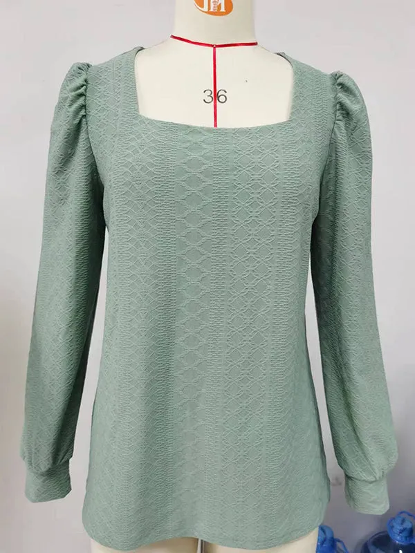 Jacquard Solid Color Loose Square-neck T-Shirts Tops