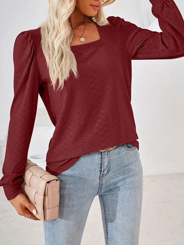 Jacquard Solid Color Loose Square-neck T-Shirts Tops