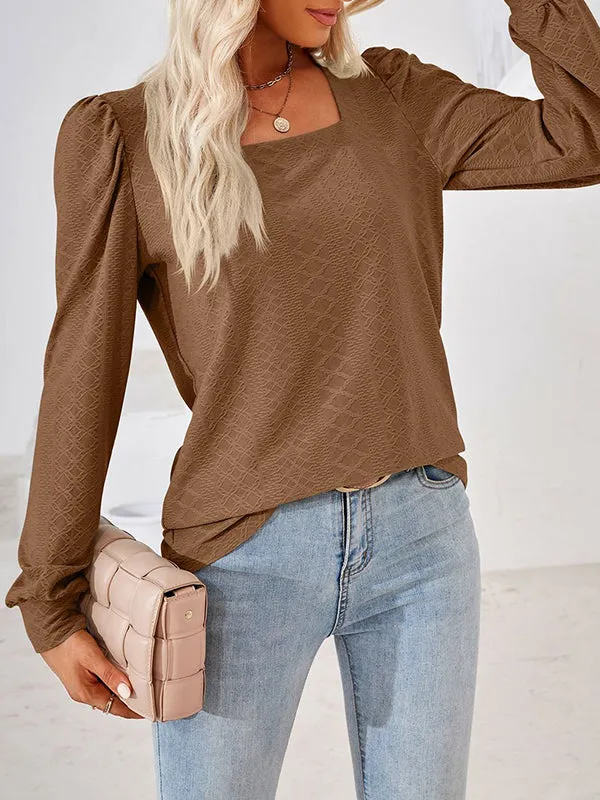 Jacquard Solid Color Loose Square-neck T-Shirts Tops